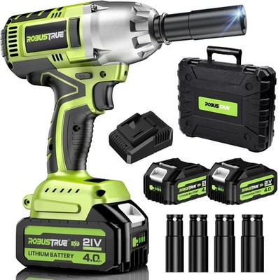 Robustrue Cordless Impact Wrench, High Torque Brushless 1/2 Impact Gun, 2 x4.0Ah