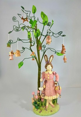 Vintage Pacific Rim 14'' Mother Bunny & Sparkling Ornament Tree In Garden