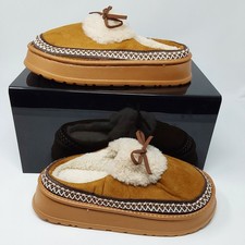 Women's Platform Sherpa Slippers Brown Suede Faux Fur Mule Slides US 7-8