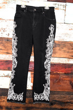 JOHNNY WAS SIZE 25 Laurena Cropped Baby Boot Black Jeans Embroidered Raw Hem