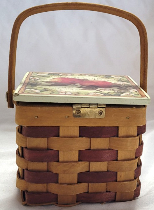 Woven Wood Basket Box Apple Blossom Ceramic Cover Farmhouse Decor Vintage