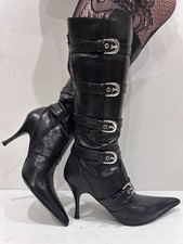 Sexy Karen Millen Black Leather Pointed Toe Buckle Knee Boots Y2K UK5 Unworn