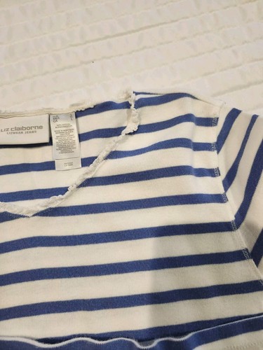 Liz Claiborne Sz L Blue And White Striped Top Nautical Resort Preppy Travel - Picture 4 of 4