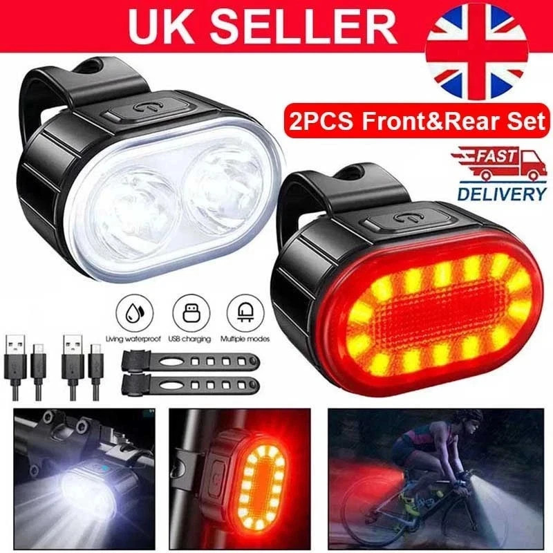 Luci Mountain Bike USB Ricaricabile Bicicletta Torcia LED Anteriore Posteriore + Set Lampade