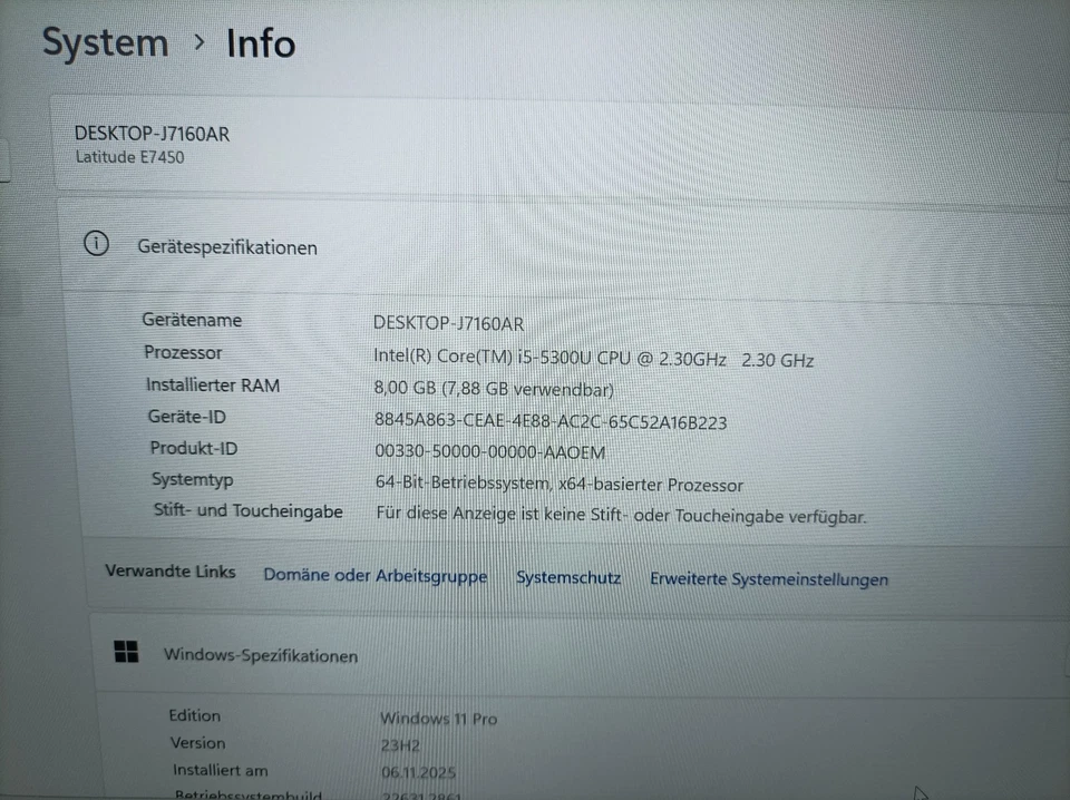 DELL Latitude E7450 Notebook 14" Intel Core i5-5300U 8GB 256GB SSD Win11 Pro N20 - Bild 2 von 4