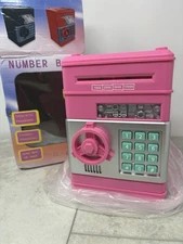 Number Bank PINK PIGGY BANK Kids Coins & Bills Bank Safe PASSWORD LOCK ATM 