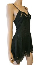 Art Deco Vintage 1920s Black Silk Chiffon Teddy Slip Dress W Floral Embroidery