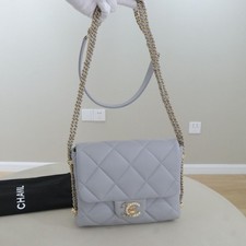 Chanel CC Leather Square Flap Bag Shoulder Bag Crossbody Bag Grey Auth