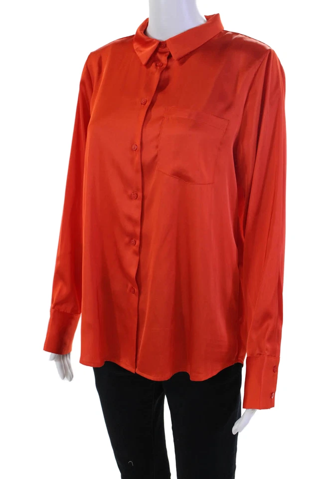 Elegante blusa naranja con textura de manga larga con botones Aqua para mujer talla M Foto 3 de 4