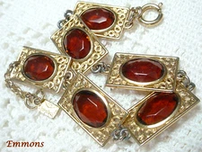 VINTAGE EMMONS BRACELET OVAL GLASS PANEL LINKS with SAFETY CHAIN SIGNED 8" LONG