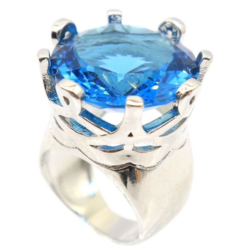 Gorgeous Big Gemstone London Blue Topaz CZ Women Dating Silver Rings 8. ...