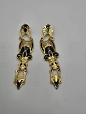 Vintage Edgar Berebi Black Enamel Gold Tone Dangle Clip On Earrings 
