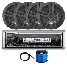 Kenwood Marine Bluetooth Receiver, 4x 6.5" 180W Black Speakers, Antenna, Wire