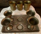 Vintage Etched Brass Set of 7 Shot Glasses/Wine Goblets W/ Tray From India — photo 2