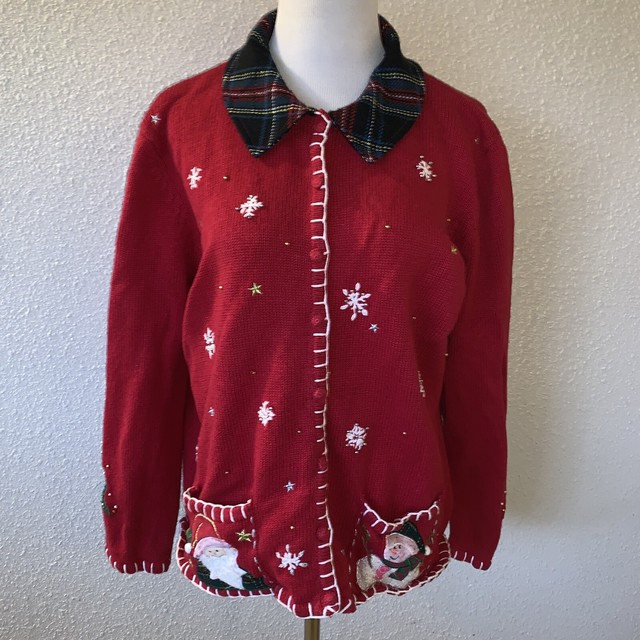 Studio Joy Women's Christmas Cardigan Sweater XL Red Embellished Knit