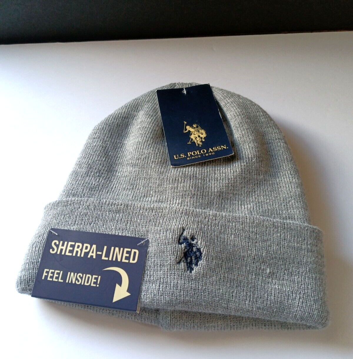 POLO USA Assn. Cappello berretto grigio pony firmato sherpa foderato taglia unica nuovo con etichetta