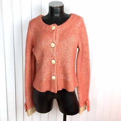 Moth Anthropologie Large Coral Pink Thick Cardigan Sweater Oversized  Buttons