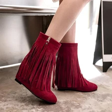 Ankle Boots Retro Faux Suede Tassel Bootie Shoes Womens Comfy Hidden Wedge Heels