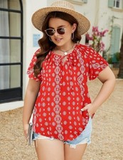 Womens Short Sleeve Tops V-Neck T-Shirts Casual Pleated Blouses Loose S-4XL