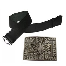 Cintura in kilt CC scozzese Highland pelle nera tinta unita e fibbia nodo celtico antico