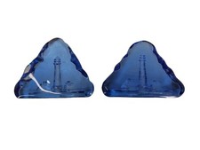 Pair Of Glass Paperweight, Reverse Etched Blue Glass Lighthouse Fast Ship