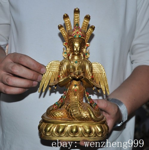 10"Old Tibet Bronze Gilt 5-Heads Snake Naga Kanya Snake Fairy Buddha Statue - Picture 4 of 9