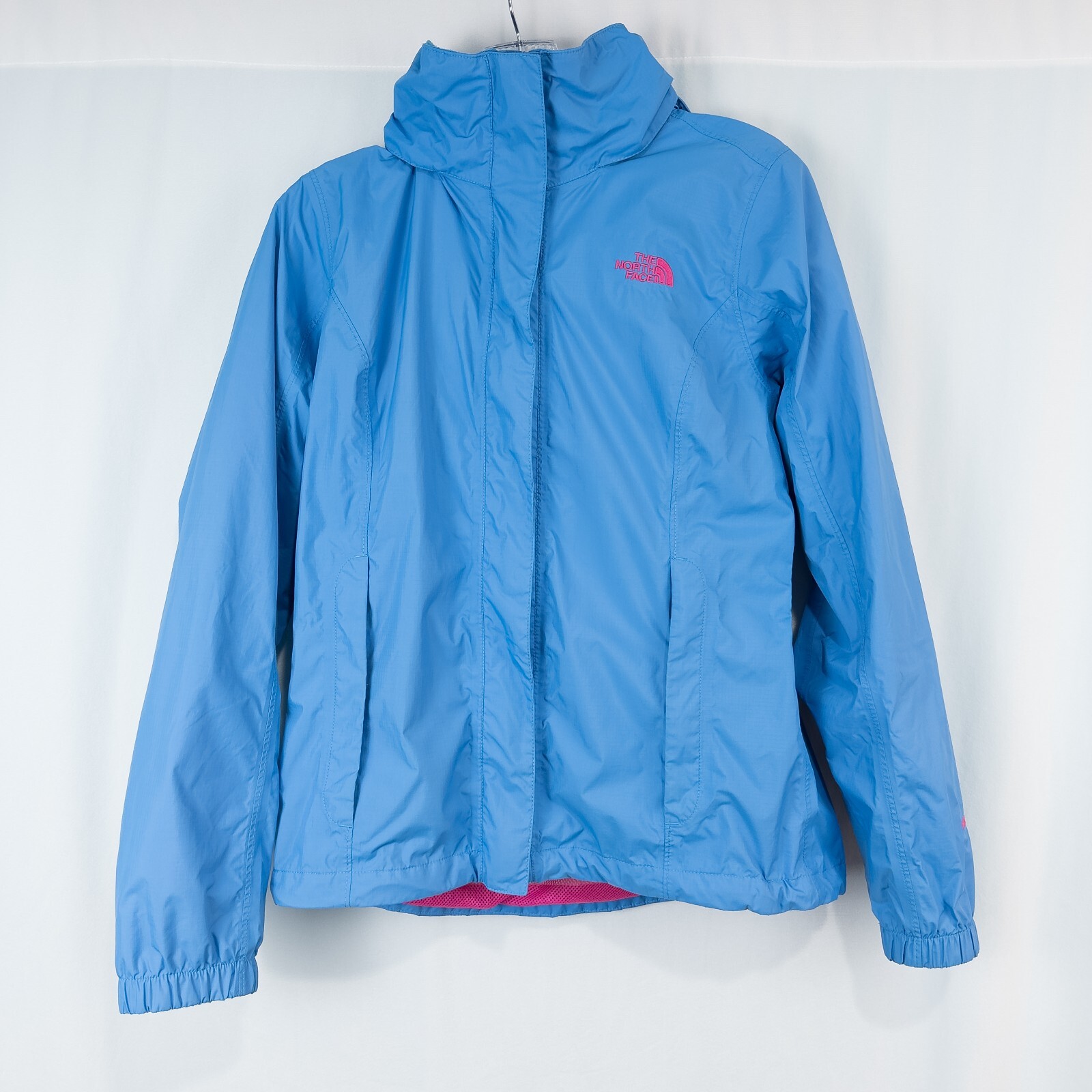The North Face Resolve Jacket Womens Small Hyvent Nylon Stowaway Hood Blue Pink