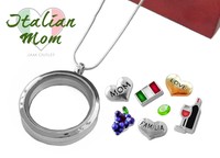 Italian Mom Memory Glass Locket Pendant Set W/ Italy Charms, Necklace Italian Mom Memory Glass Locket Pendant Set W/ Italy Charms, Necklace