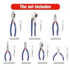 WORKPRO 7PCS 4.5"-8" Pliers Set Groove Joint Long Nose Slip Joint Diagonal Plier