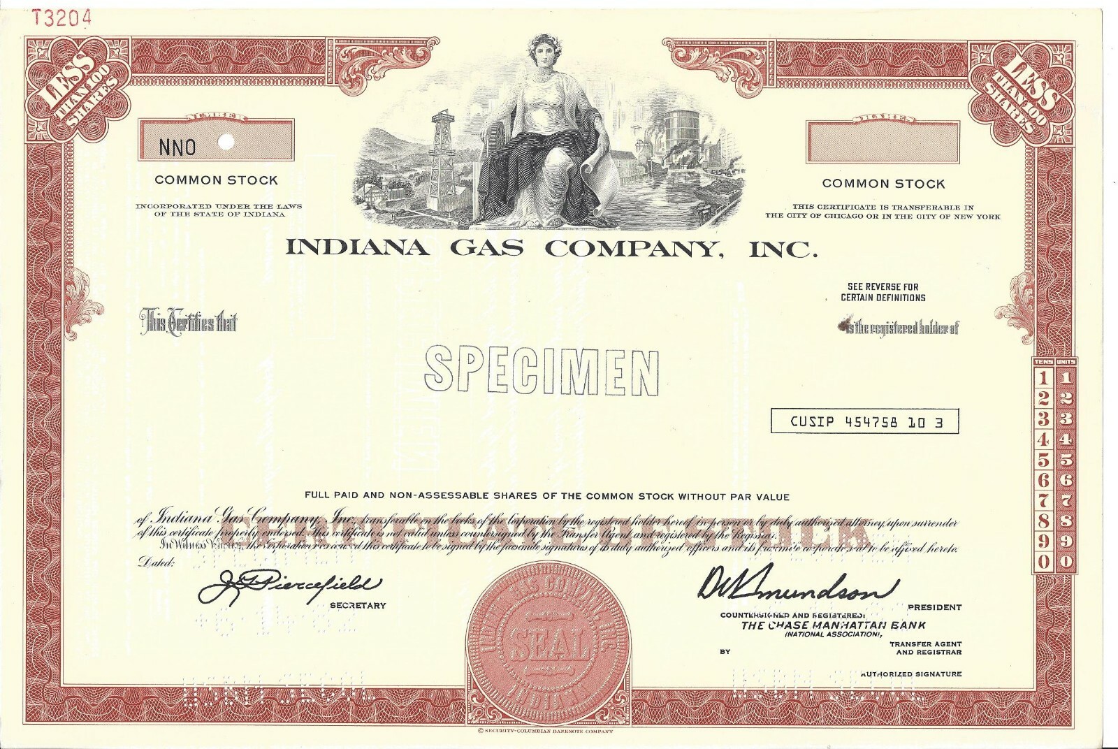 INDIANA GAS COMPANY......."SPECIMEN" COMMON STOCK CERTIFICATE eBay