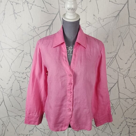 Rils Pink 100% Linen V-Neck Button Front Collared Blouse Womens Size 10
