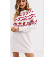 ASOS NWT Oversized Crew Neck Fair Isle Knit Sweater Dress Sz 4 Pink Red Sequin