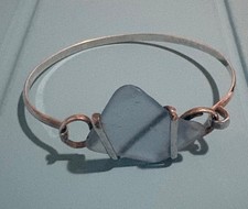 Bangle Bracelet Sea Glass Blue Stone Wire Wrapped 2.5&rdquo; Wide Silver Tone
