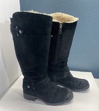 UGG Black Suede Leather Tall Boots 7 Women  s Sheepskin Lined Zip F8010G S/N 3051