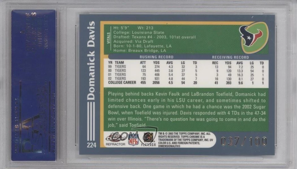 2003 Topps Chrome Black Refractor /100 Domanick Davis #224 PSA 9 MINT Rookie RC - Image 2 of 2