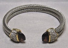 Silver and Gold Metal, Clear Stone and Smoky Quartz Torque Bangle