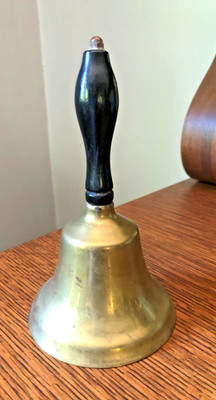 Vintage Hand Held Bell Cast Brass 9'' Tall Wood Handle School Bell