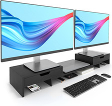 Dual Monitor Riser with Drawers, Bamboo Desk Stand, Computer Shelf for Laptop