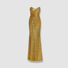 882 Badgley Mischka Women's Gold Sequin Draped Strapless Gown Dress Size 14
