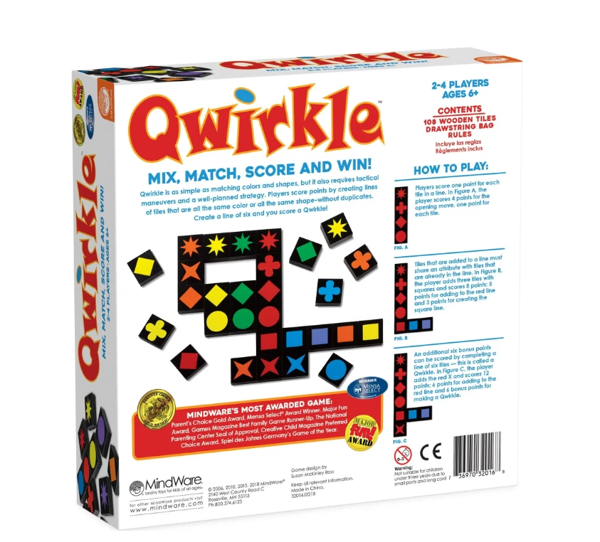 MindWare Qwirkle Juego, 108 Azulejos de Madera Duraderos y Bolsa con Cordón de Lona, Familia Foto 4 de 4