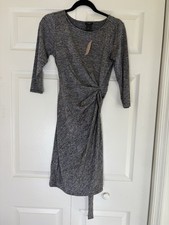 NWT Ann Taylor Loft Women's Gray Knee Length Dress Size Petite S 3/4 Sleeve Tie