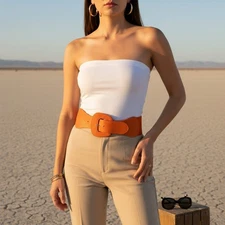 Women Orange Elastic Waistband Fashion Hip High Waist Belt Big Buckle Size S M