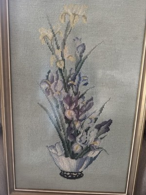 Needlepoint Iris Lillies 16 X 26  Framed Vintage MCM