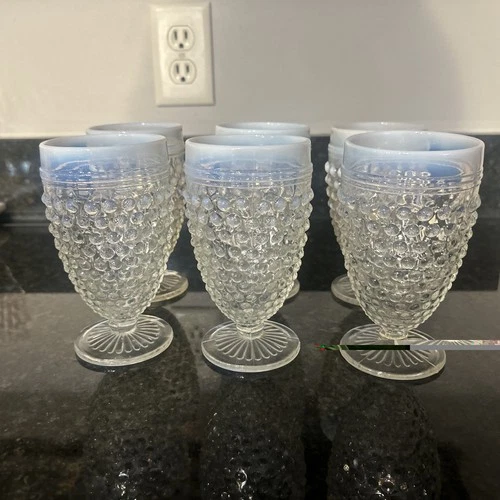 6 Vintage Anchor Hocking Moonstone Hobnail Opalescent 5.5" Water Goblets 10oz