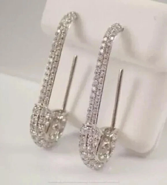 1.10Ct Lab-Created Diamond SAFETY PIN Hoop Style Earrings 14K White Gold Finish - Image 3 of 3