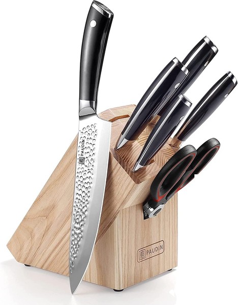 Messerblock 7-Tlg Messerset Carbon Edelstahl 5 Kochmesser Rot Schere Holzblock-image