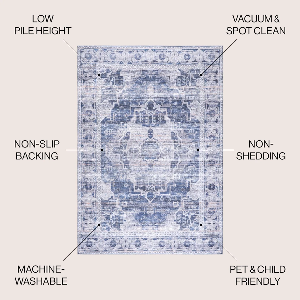 Alfombra cuadrada lavable a máquina azul marino/crema 8X8 pies, medallón ornamentado Alanya para... Foto 2 de 4