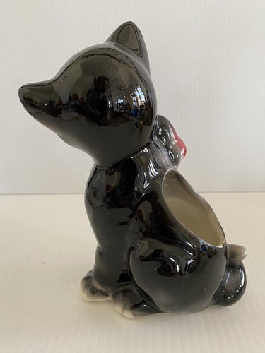 Royal Copley Black Tuxedo Cat W/Label Figurine Green Eyes Pink Bow Kitschy Vtg - Picture 4 of 19