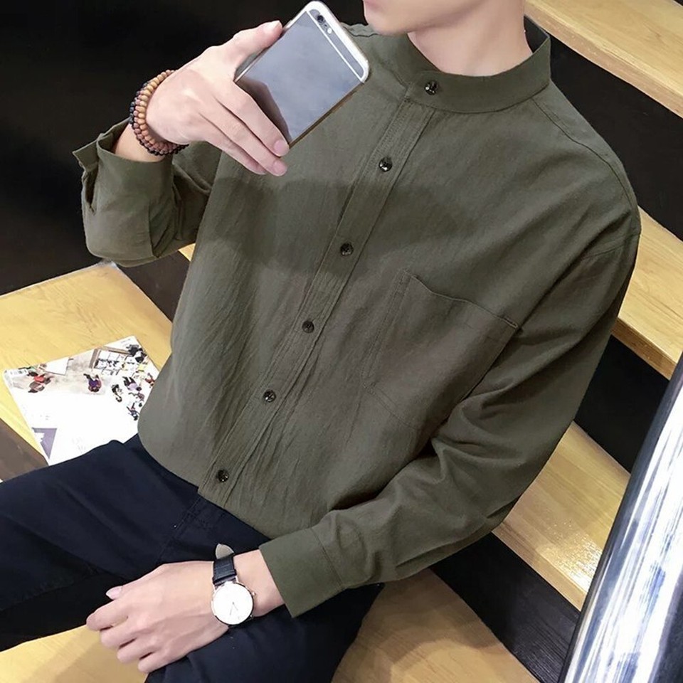 Stylish Slim Fit Standup Collar Shirt for Men Cotton Linen Material