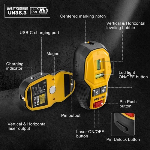 PREXISO 2-in-1 Rechargeable Magnetic Stud Finder Cross-Line Laser Level w/Bubble - Picture 9 of 10